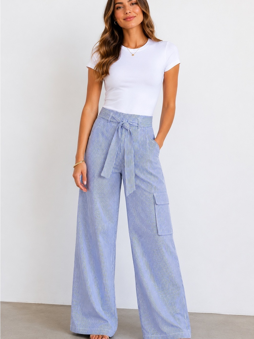100% Linen Wide Leg Tie-Waist Cargo Pants - Light Blue Stripe Size Small